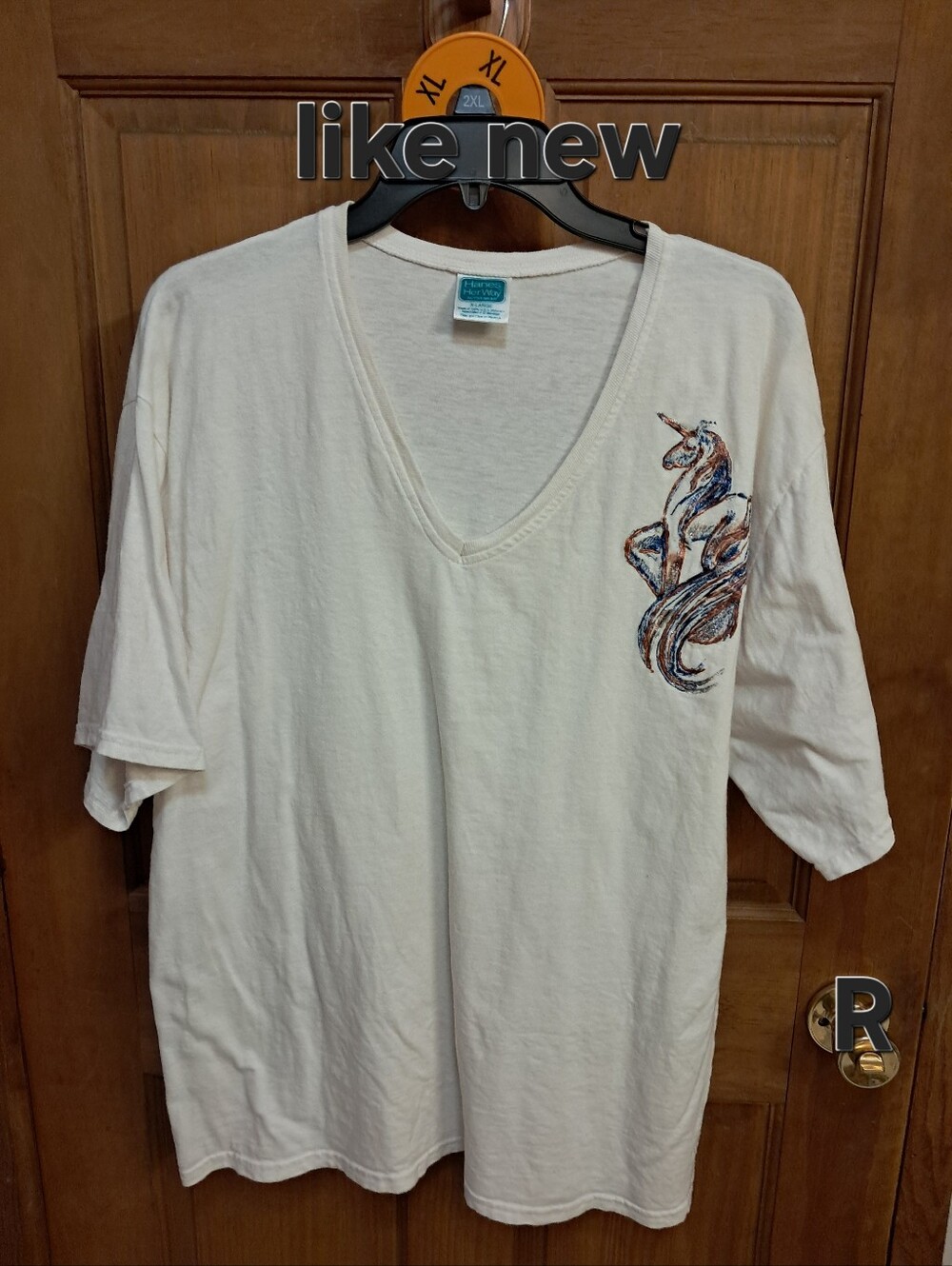 Hanes White V-Neck Short Sleeve Tee with Glittery Swirles Of Blue & Red